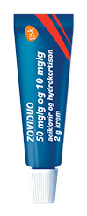 Zoviduo salve, blå tube, i forpakning med røde striper mot blå og hvit bakgrunn